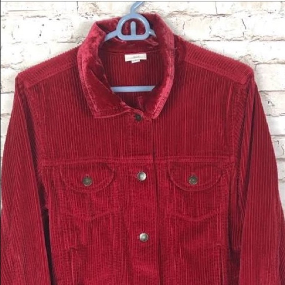 Red corduroy jacket. j. Jill